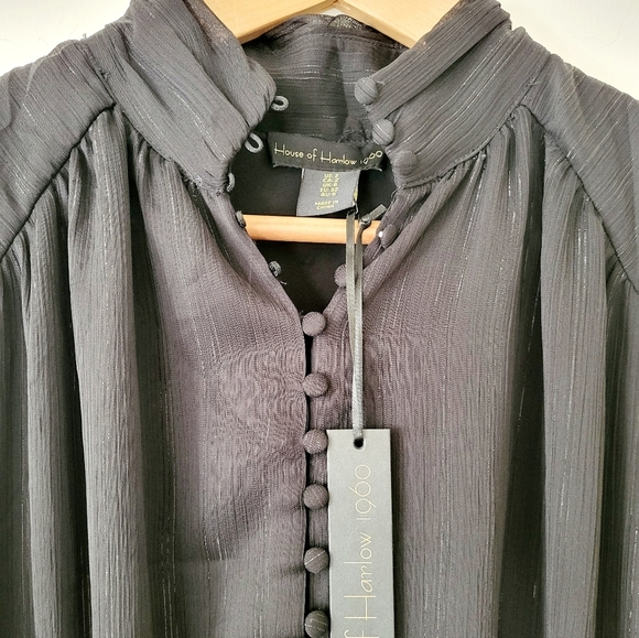 House of Harlow Ruched Mini Dress Lurex Sheer Bishop Sleeve Black Sz 2 - Picture 5 of 15